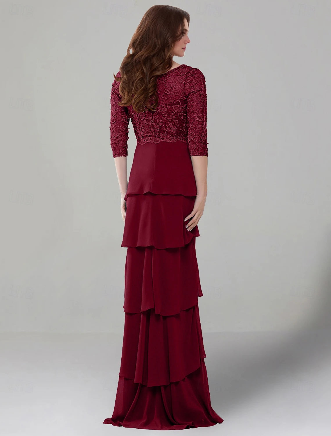 Buyishang Sheath Dress Mother of the Bride Dress Elegant V Neck Floor Length Stretch Chiffon Half Sleeve with Lace Tier Solid Color Christmas Dress